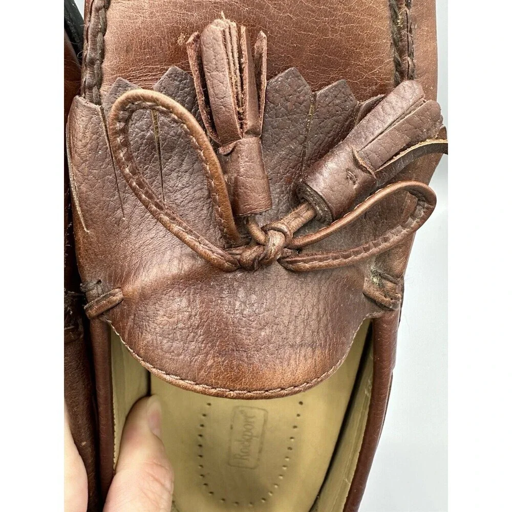 Rockport - men's brown leather shoes w fringes M4044 - low heel -‎ size 9.5